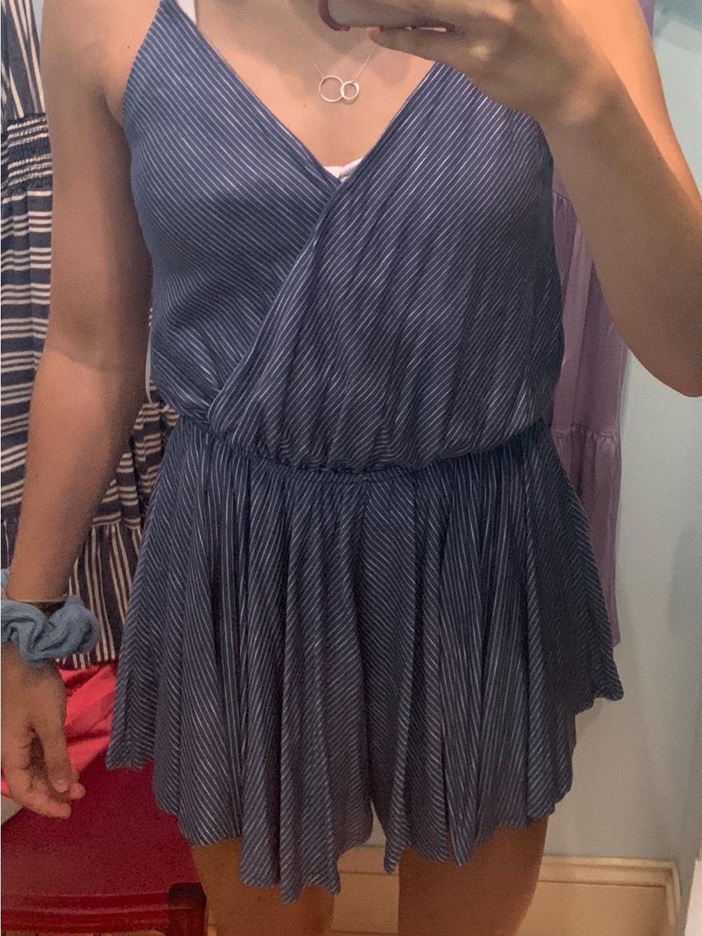 Vintage Havana Navy Pinstripe V-Neck Mini Dress